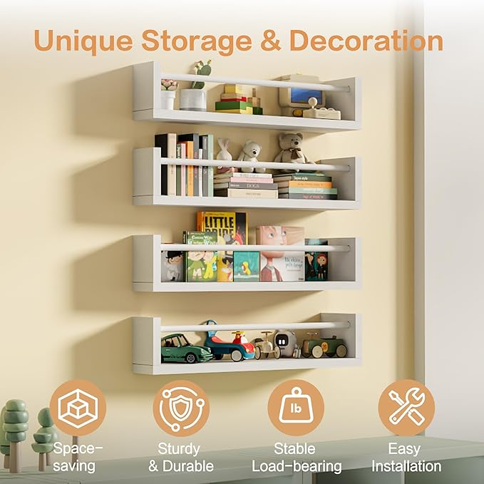 23.6" Wall Book Shelves for Kids - Floating Nursery Book Shelves Set of 4, White Wall Mounted Bookshelf for Kids Room, Toddler Bedroom Furniture & Toy Storage