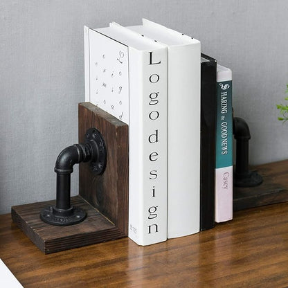 MyGift Book Ends Decorative, Bookends for Shelves, Metal Bookends for Heavy Books, Office Decor for Men, Wood Book Stopper, Realistic Industrial Pipe Design, Dark Brown
