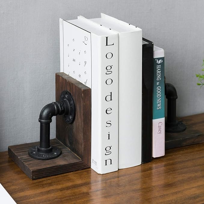 MyGift Book Ends Decorative, Bookends for Shelves, Metal Bookends for Heavy Books, Office Decor for Men, Wood Book Stopper, Realistic Industrial Pipe Design, Dark Brown