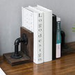 MyGift Book Ends Decorative, Bookends for Shelves, Metal Bookends for Heavy Books, Office Decor for Men, Wood Book Stopper, Realistic Industrial Pipe Design, Dark Brown