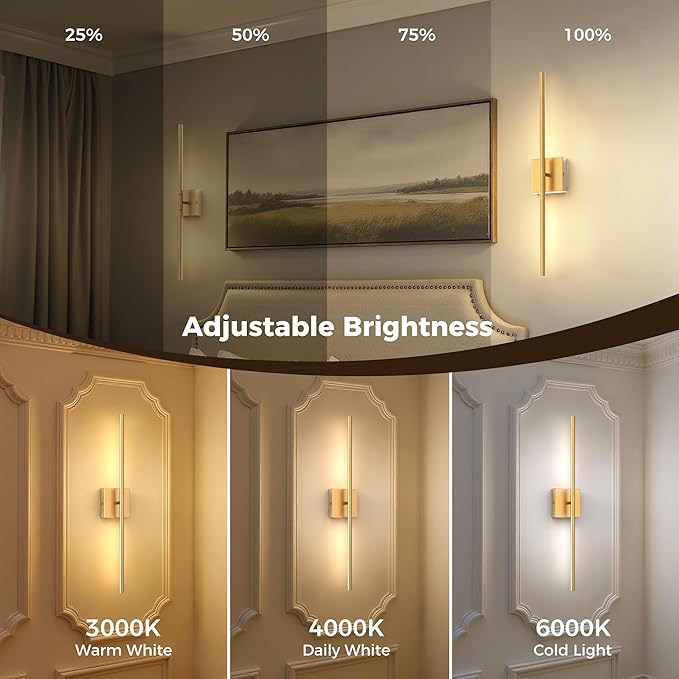L LOHAS LED Battery Operated Wall Sconces Set of 2, Battery Wall Sconce 10000mAh, Gold Rechargeable Sconces 3CCT, 28.1 Inch Wireless Wall Lights, Sconce Wall Decor for Bedroom, Living Room