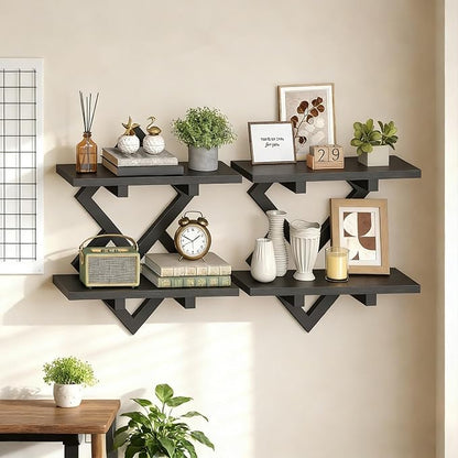 HOOBRO 15" Floating Shelves for Wall, Set of 2 Wall Shelf, 2-Tier Hanging Shelves, Wall Mounted Storage Shelf, Display Rack, for Living Room Bedroom Kitchen Bathroom, Black BB14BJP201