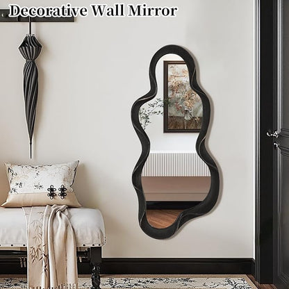 Large Asymmetrical Mirror Irregular Modern Cloud Wall Mirror Wood Frame Unique Artistic Wavy Mirror Wall Mounted Vanity Mirror Decorative for Living Room Bedroom Bathroom Entryway Hallway 30"x14"
