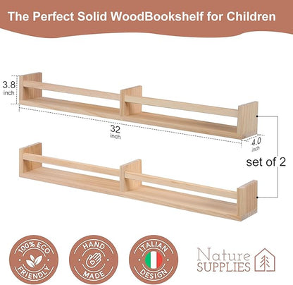 Nursery Shelves for Wall 32inches Set of 2，Natural Wood Wall Bookshelves for Kids Room - Floating Nursery Bookshelves (32inches Set of 2)