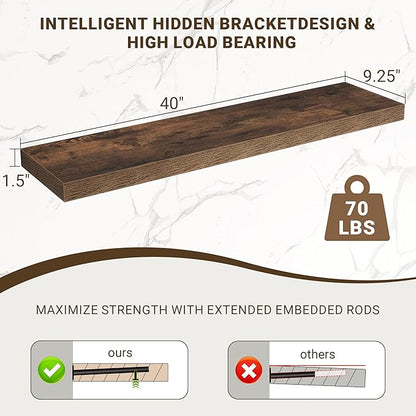 40 Inch Floating Shelves, 3D Textured Wood Grain, 40"x9.25"x1.5" Inch Deep Floating Shelves for Wall, Wooden Shelves for Bathroom, Bedroom, Living Room, Brown, 1 Piece