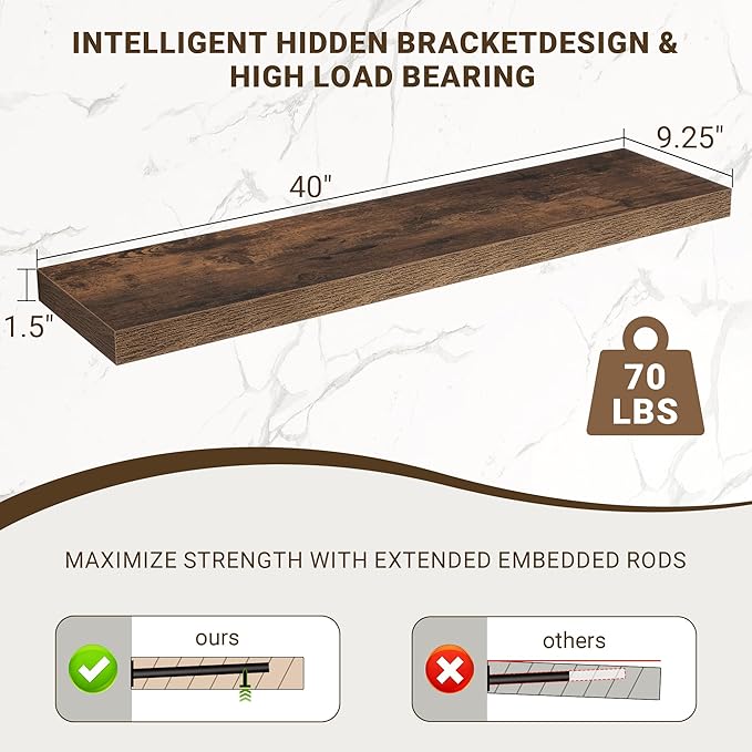 40 Inch Floating Shelves, 3D Textured Wood Grain, 40