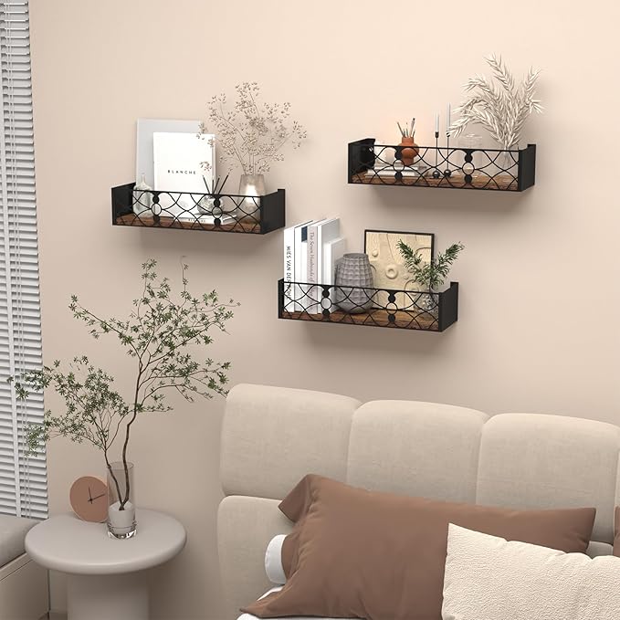 Black Floating Shelves with Removable Insert Plate Set of 3, Wooden Display Shelves, Rustic Decorative Wall Shelves for Living Room, Bedroom, Kitchen