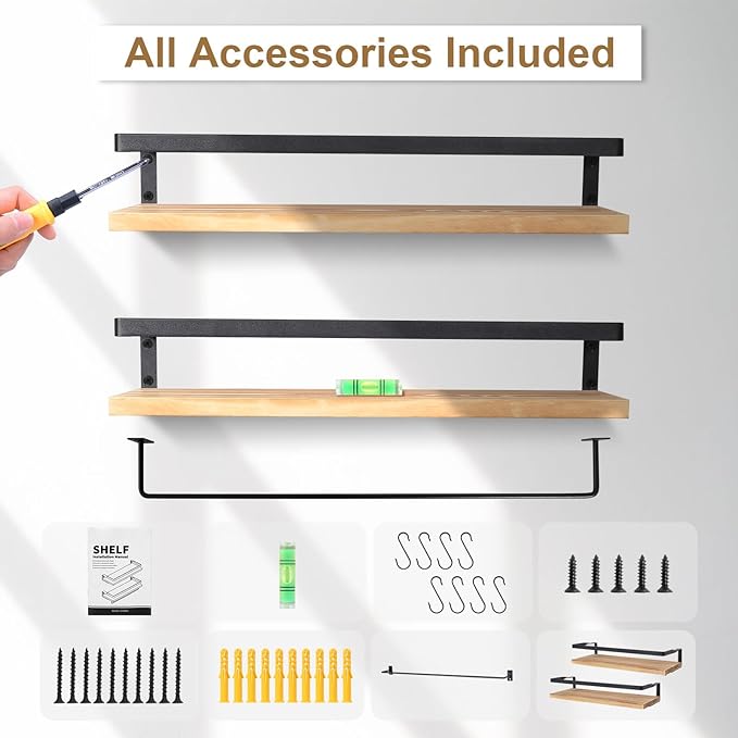 AGM Floating Shelves, 16.5 Inch Bathroom Shelf Set of 2, Wall Storage Shelf with Towel Bar & 8 Hooks, Wall Mounted Shelves for Bathroom, Bedroom, Kitchen, Living Room Decor