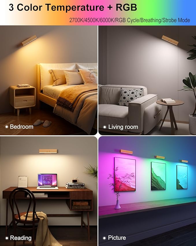 Rechargeable Wood Wall Lights with Remote & Touch, 5200mAh Battery Operated Wall Sconce 3 Color Temperatures & RGB. Magnetic, Stick-On, Dimmable Wall Reading Lamp for Bedroom, Living Room, Picture