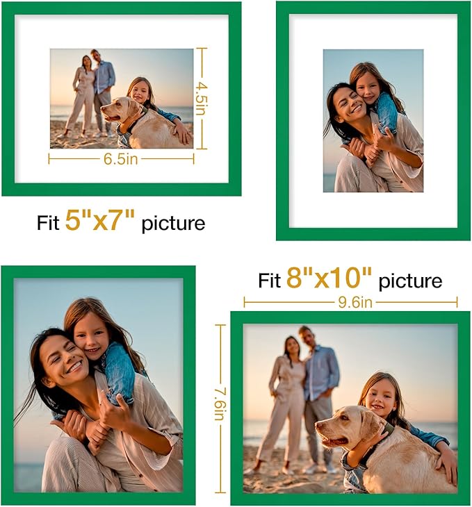 Vittanly 8x10 Picture Frames Set of 4, Display Pictures 5x7 with Mat or 8x10 without Mat, Gallery Wall Frame Set for Wall or Tabletop Display, Engineered Wood with Shatter Resistant Plexiglass, Green