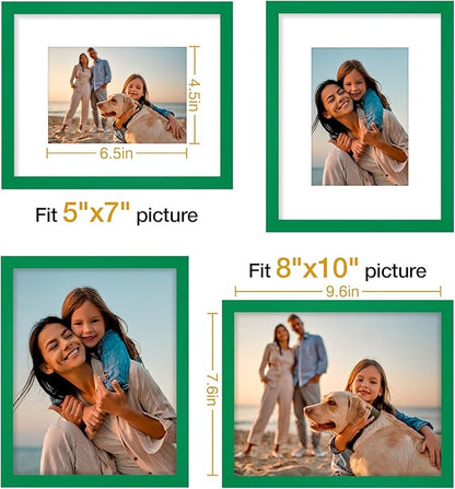 Vittanly 8x10 Picture Frames Set of 4, Display Pictures 5x7 with Mat or 8x10 without Mat, Gallery Wall Frame Set for Wall or Tabletop Display, Engineered Wood with Shatter Resistant Plexiglass, Green