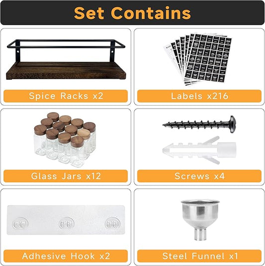2-Tier Wall Mount Spice Rack Organizer with 12 Glass Jars, 216 Labels & Funnel - Screw/Adhesive Mount, Black Metal & Wood Spice Storage for Kitchen Pantry Cabinet, 11.6”L x 2.4”W x 3.2”H