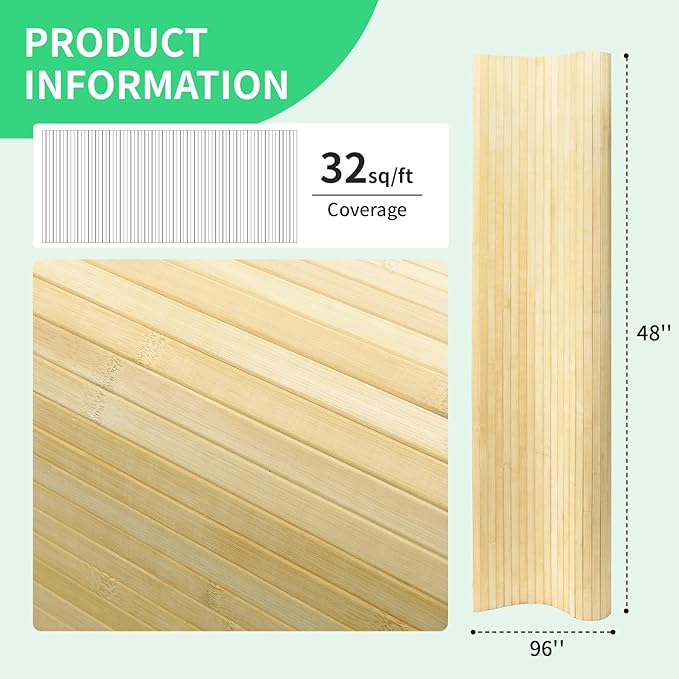 Natural Bamboo Wall Panel for Interior Wall Decor, Renewable Pole Wrap Wainscoting Paneling for Wall Ceiling Furniture Cabinet Office, 48 x 96 Inch, Raw