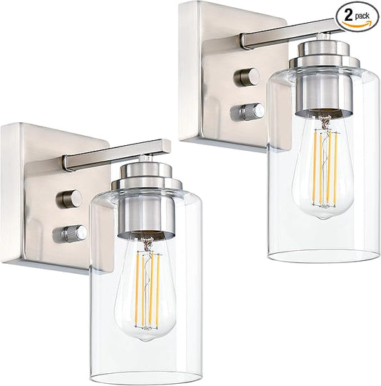 Wall Sconces Set of Two, Brushed Nickel Wall Sconce with Rotary Switch, Sconces Wall Lighting, Bedside Wall Lamps, Light Fixtures for Bathroom Bedroom Living Room Hallway Kitchen