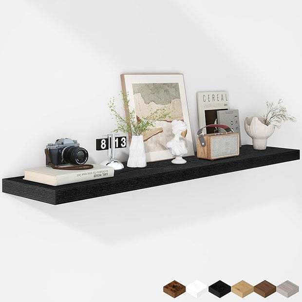 Fun Memories Floating Shelves - 12 Inch Rustic Wooden Wall Shelves - Extra Deeper & Thicker Wall Mounted Storage Shelf for Living Room, Kitchen, Farmhouse - 55" W x 12" D x 1.8" H - Rustic Black