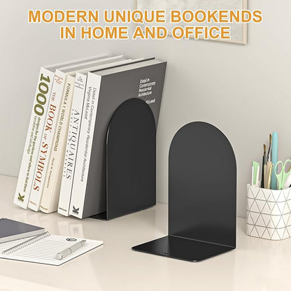 Bookends 2 Pairs, Metal Round Bookends for Shelves, Book Ends for Desk, Book End to Hold Books, Book Stopper, Black Bookend for Home Office