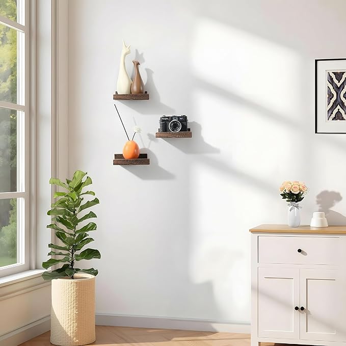 Z metnal Mini Floating Shelves, Small Natural Wooden Display Wall Shelf for Picture Ledge, Pawlownia, Wall Mounted, 6 x 5.5inch, 3 Pack