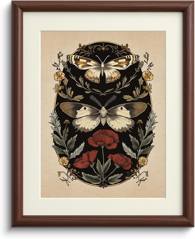 InSimSea Framed Canvas Wall Art with Mat, Moody Butterfly & Botanical Prints Artwork, Vintage Dark Botanical Wall Art for Living Room Bedroom Office, Retro Bathroom Decor Aesthetic, 11x14 Inch(Walnut)