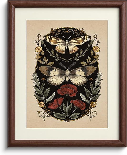 InSimSea Framed Canvas Wall Art with Mat, Moody Butterfly & Botanical Prints Artwork, Vintage Dark Botanical Wall Art for Living Room Bedroom Office, Retro Bathroom Decor Aesthetic, 11x14 Inch(Walnut)