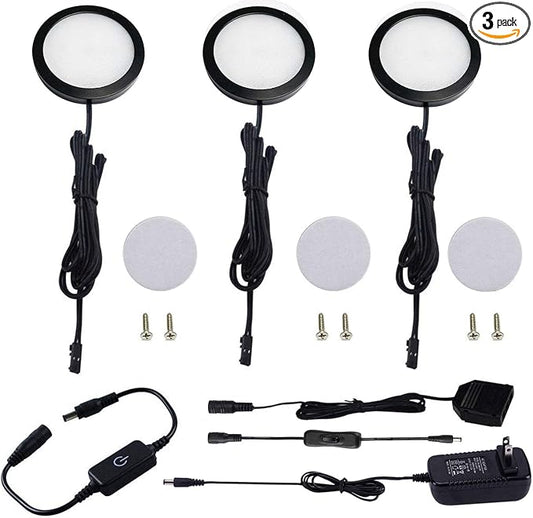 AIBOO Under Cabinet LED Black Cover Puck Lighting Kit with Touch Dimmer Switch for Kitchen Cupboard Closet Lighting (3 Lights,Warm White)