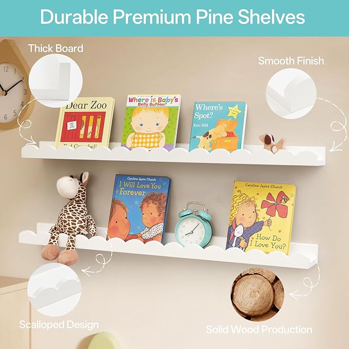 Scalloped Baby Book Shelf,Floating Shelves for Wall Set of 4 Solid Pine Wood Nursery Bookshelves with Wave Lip for Bedroom Kids, Toddler Room, Baby Room, Nursery Decor(White,60cm)