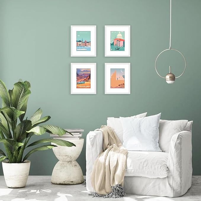 8x10 Picture Frame Set of 4, Displays 5x7 with Mat or 8x10 Without Mat, Photo Frames for Wall Hanging or Tabletop, Includes HD Plexiglass, White