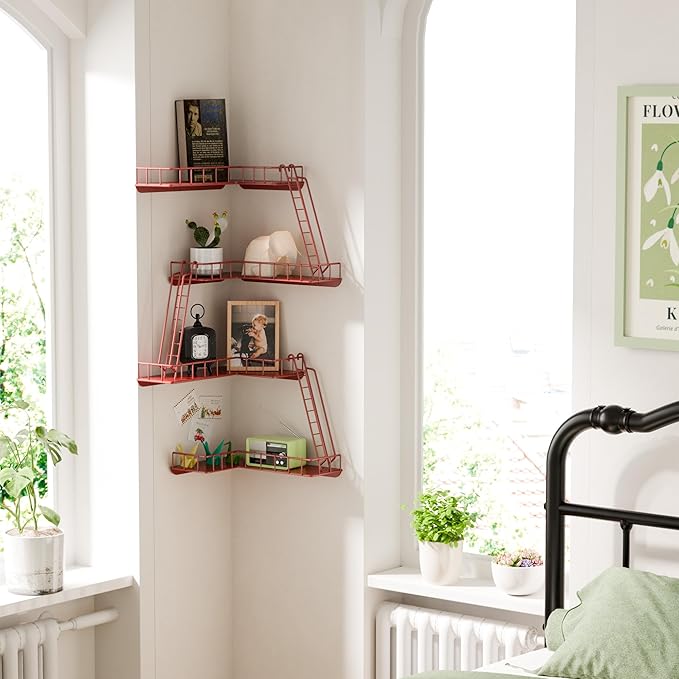 Fire Escape Wall Shelf - Modern City Style 4-Tier Corner Wall Shelves, Easy to Install Metal Ladder Shelf for Figures, New York Decorative Shelves for Bathroom, Living Room & Home Decor, Red