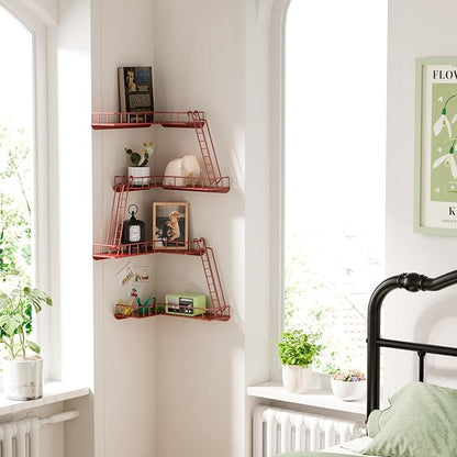 Fire Escape Wall Shelf - Modern City Style 4-Tier Corner Wall Shelves, Easy to Install Metal Ladder Shelf for Figures, New York Decorative Shelves for Bathroom, Living Room & Home Decor, Red