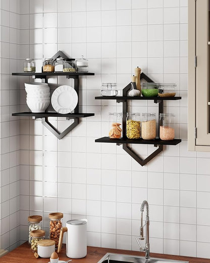 Floating Shelves, Set of 2 Wall Shelf, Wall Mounted Decorative Shelves, 2-Tier Modern Geometric Hanging Storage Shelf for Living Room, Bedroom, Kitchen, Office, Study (Black)