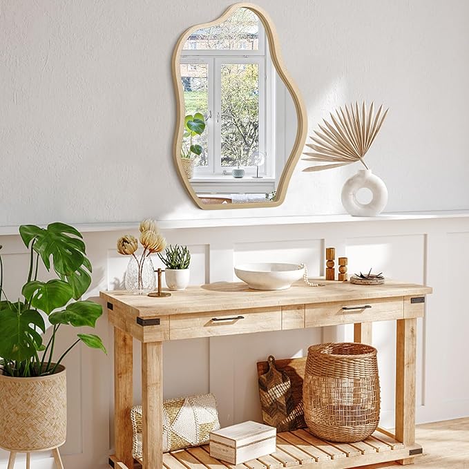Irregular Mirror for Wall Gold Modern Asymmetrical Large Mirror Wooden Framed Hanging Wall Mirror Unique Shape Vanity Cloud Mirror Decor Decorative for Bedroom Bathroom Living Room Entryway