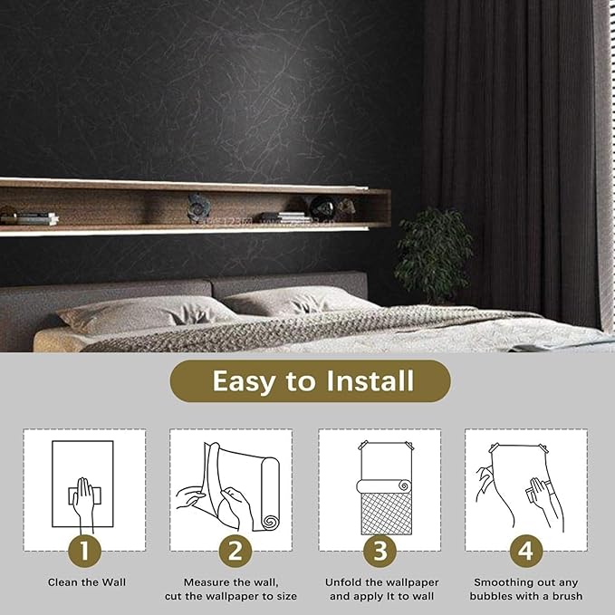 Black Silk Wallpaper Embossed Self Adhesive Peel and Stick Wallpaper Contact Paper Removable Waterproof Kitchen Vinyl Wrap Cabinet Furniture Textured Renter Friendly Wall Gift Paper 23.6