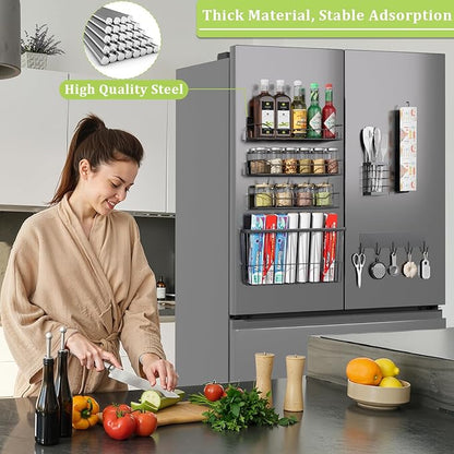 Magnetic Spice Rack for Refrigerator, 7 Pack Magnetic Fridge Shelf for Kitchen Organization Storage, Moveable Spice Organizer W/Paper Towel Holder, Utensil Caddy, Cutting Board Rack (Black)