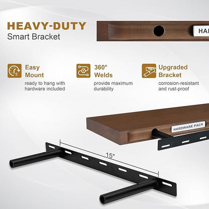 Fun Memories Floating Shelves, 9.3'' Deep Solid Pine Wood Wall Shelves for Storage, Wall Mounted Display Shelf with Invisible Heavy-Duty Metal Bracket, 24'' Width Set of 2, Walnut