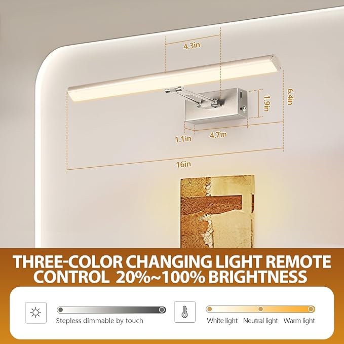 Picture Light, 16 inches Art Light, Picture Light Battery Operated,3CCT Picture Lights for Wall,Battery Operated Wall Lights,Gallery Light for Wall,Photo,Library (Satin Nickel)