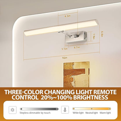 Picture Light, 16 inches Art Light, Picture Light Battery Operated,3CCT Picture Lights for Wall,Battery Operated Wall Lights,Gallery Light for Wall,Photo,Library (Satin Nickel)