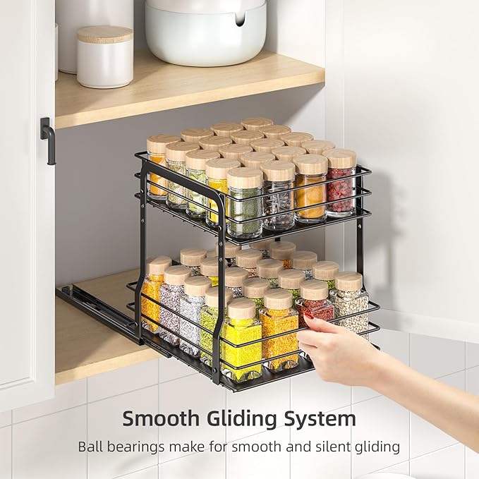 Pull Out Spice Rack Organizer for Inside Cabinet, 2 Tier Metal Spice Organization for Cabinet, 9.65