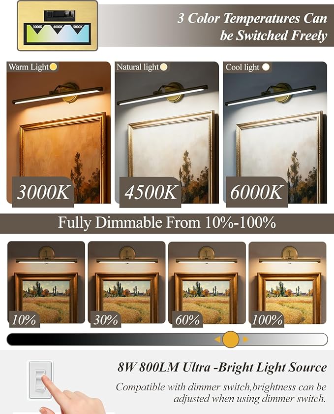 Hardwired Picture Lights for Wall,Gold Led Art Light for Painting,Modern Metal Picture Frame Light,3CCT Dimmable Poster Gallery Painting Bookshelf Portrait Lights for Pictures On Wall 8W