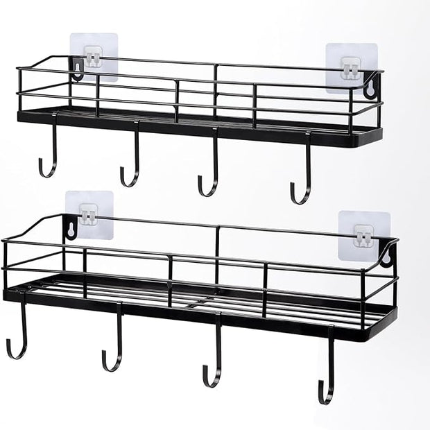 Lyeasw Black Floating Shelves Wall Mounted with 8 Removable Hanging Hooks, 15-Inch Adhesive Shower Shelf Organizer for Bathroom Kitchen Storage Rack, Set of 2