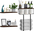 Floating Shelves Over Toilet, Wall Mounted Bathroom Organizer Shelf with Storage Basket for Toilet Paper, Wood Wall Shelves with Towel Rack for Bathroom Bedroom(Dark Brown, Set of 4, 16 in)