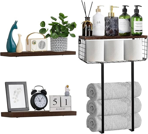 Floating Shelves Over Toilet, Wall Mounted Bathroom Organizer Shelf with Storage Basket for Toilet Paper, Wood Wall Shelves with Towel Rack for Bathroom Bedroom(Dark Brown, Set of 4, 16 in)