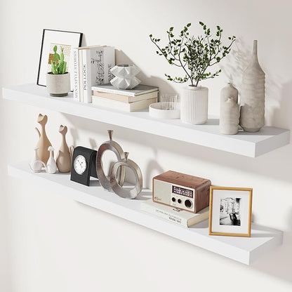 fuqing White Floating Shelves 48 Inch Set of 2, Solid Wood Wall Mounted Shelves 48 Inches Long, Modern Floating Shelves for Bedroom Living Room Bathroom - White