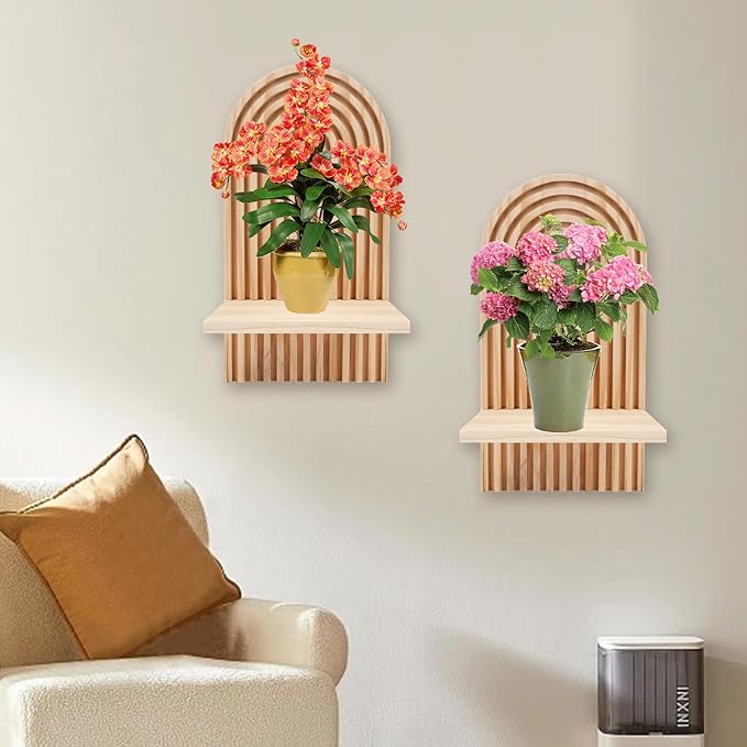 2 Pcs Boho Wall Shelf, Rainbow Arch Wooden Floating Shelf, Bohemian Floating Shelves Wall Decor for Nursery Bedroom Living Room Mid Century Hanging Shelf, 7.09 × 4.72 × 13.58 inches