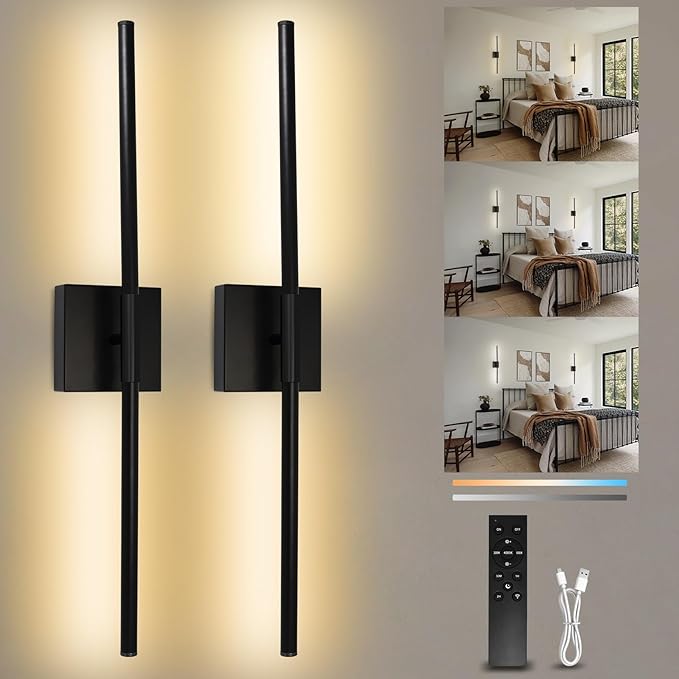 28 Inch Wall Sconces Set of 2 Battery Operated,10000mAh Black LED Wireless USB Rechargeable Wall Lights with Remote Control,360° Rotation LED Dimmable Picture Lamp for Living Room,Bedroom.
