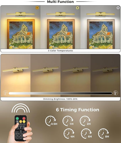 Joosenhouse Battery Operated Picture Light, Wireless Painting Art Light with Remote Control, Dimmable & Timer Function, 15.35" Brass Gallery Light Wall Sconce