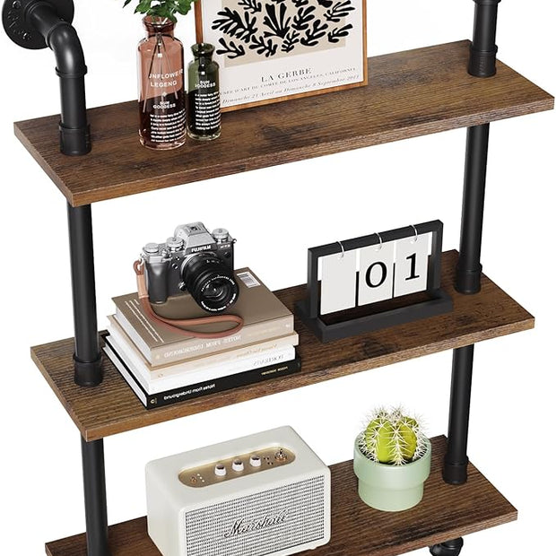 Merapi 24" Industrial Floating Shelves, Pipe Shelves for Wall, 3 Tier Rustic Wood Wall Shelves for Home Décor, Bedroom, Living Room, Bathroom…