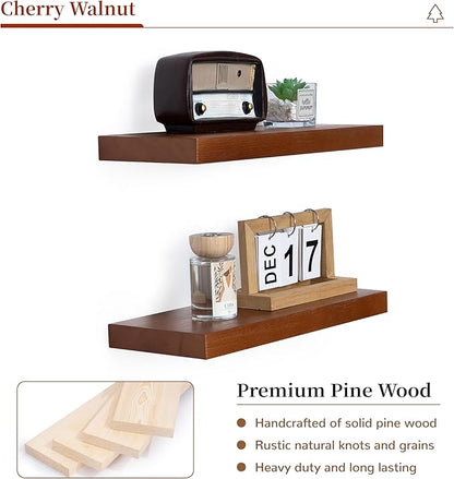 Marsmiles Wood Floating Shelves | Rustic Mahogany Wood Wall Shelves Set of 2 | 16" W x 6.7" D Wooden Floating Shelves for Bathroom Kitchen Living Room Bedroom