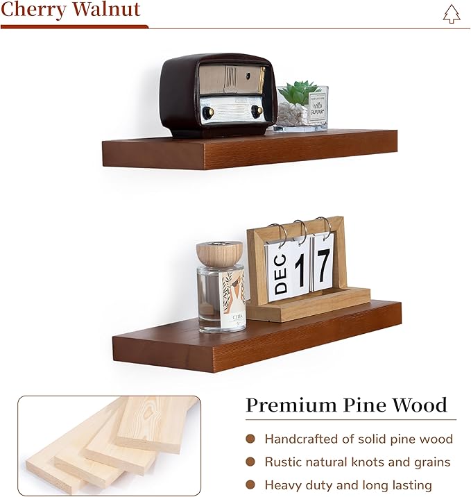Marsmiles Wood Floating Shelves | Rustic Mahogany Wood Wall Shelves Set of 2 | 16