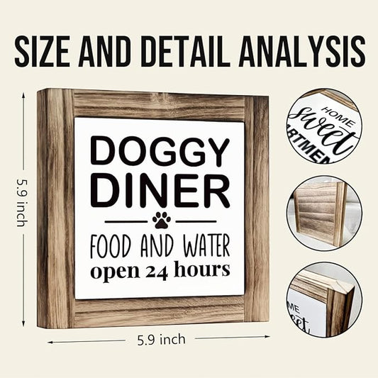 Pet Wood Sign - Doggy Diner - 24 Hour Food & Water Sign, Tabletop Decor
