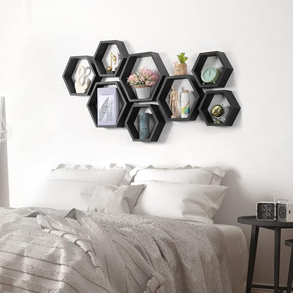 CADUKE Hexagon Shelves for Wall Hexagonal Floating Shelves Set of 8 Honeycomb Wood Shelves for Wall Decor, Hanging Plants Shelf for Living Room Storage Hexagon Racks for Bedroom, Black