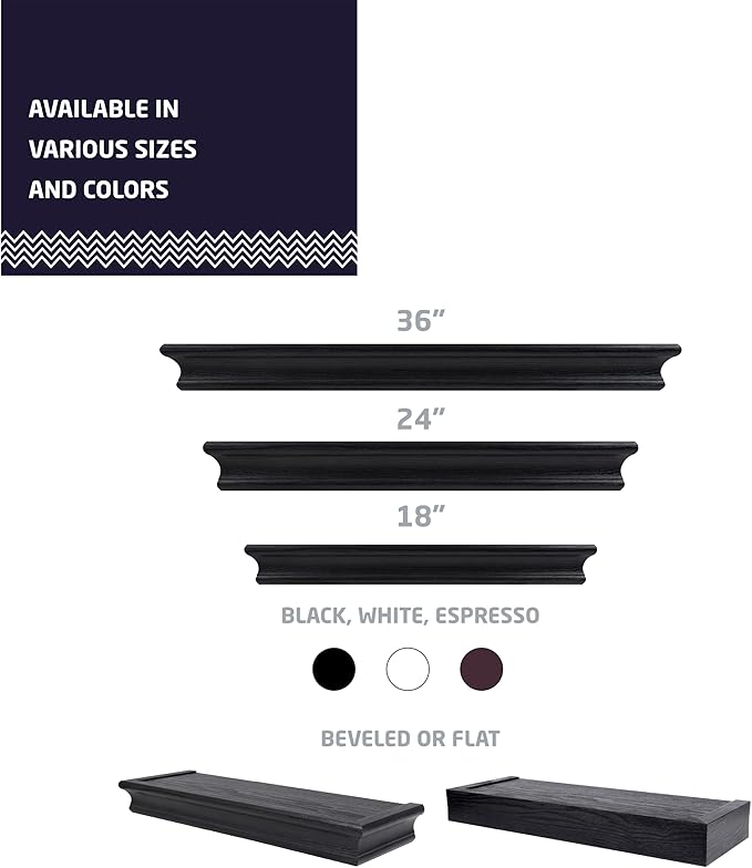 HIGH & MIGHTY 515605 Decorative 18" Floating Shelf Holds up to 15lbs, Easy Tool-Free Dry Wall Installation, Beveled, Retail Packaging, Black